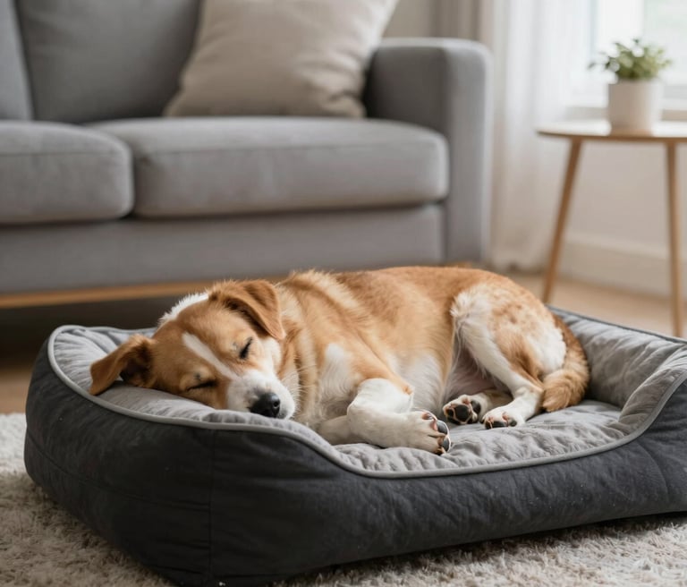 A cozy modern dog bed in warm earth tones with a happy dog resting peacefully.