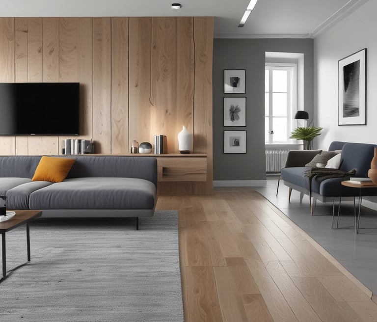 Modern building interior with blue accents, painting tools like rollers, and sleek renovation details.