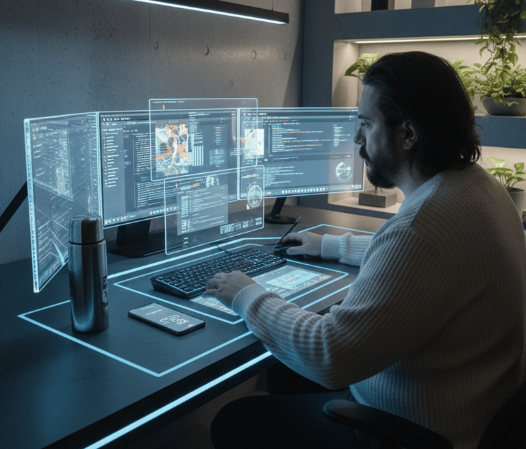 a man sitting at a desk with a laptop computer