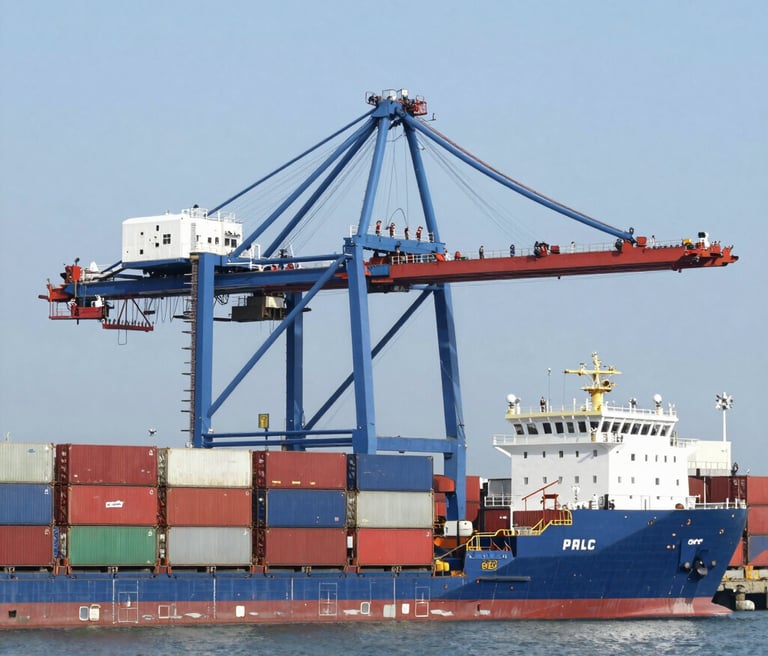 A busy port with colorful shipping containers stacked and cranes loading cargo onto a large vessel under a clear sky.