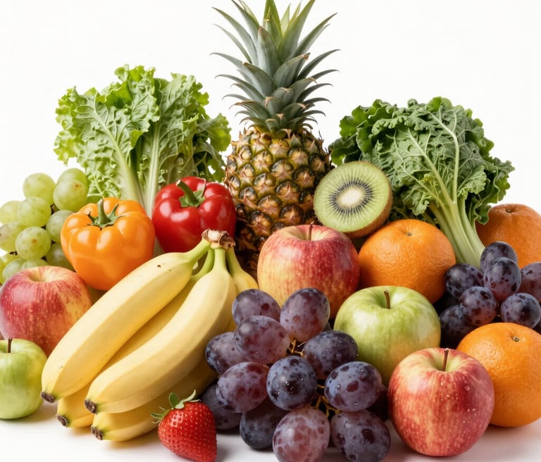 Fresh tropical fruits and vegetables arranged in baskets at a sunny Tulum market.