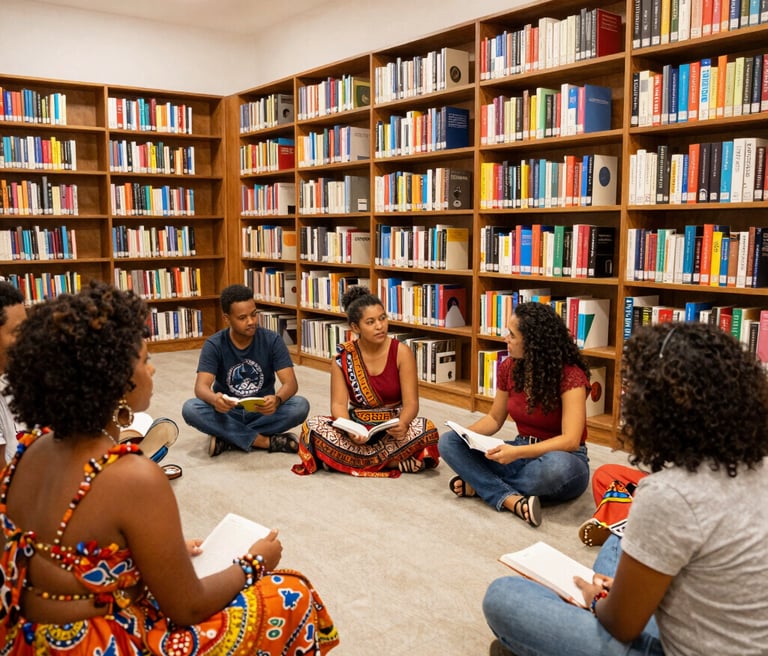 A cozy bookstore corner with stacks of aged documents and colorful art pieces symbolizing cultural dissent.
