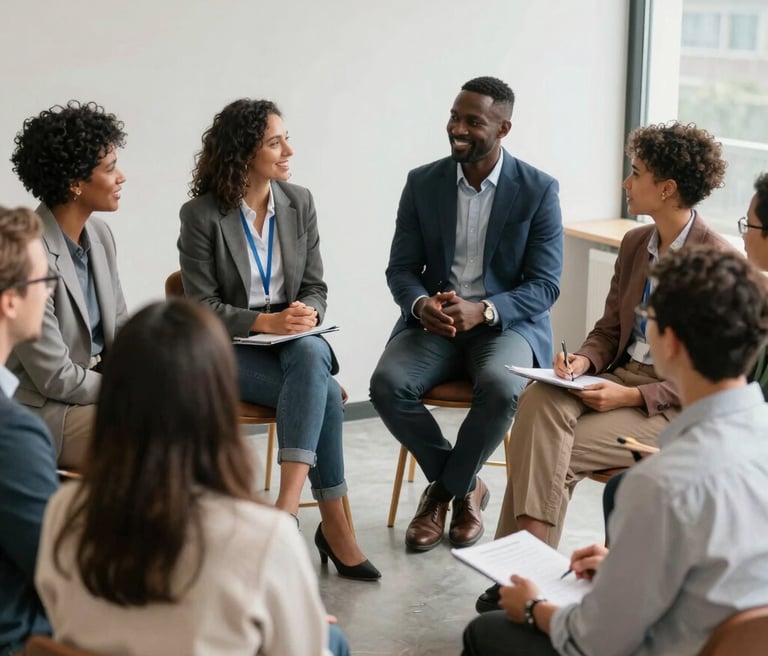 A warm group photo of diverse clinicians smiling together in a bright, welcoming office space.