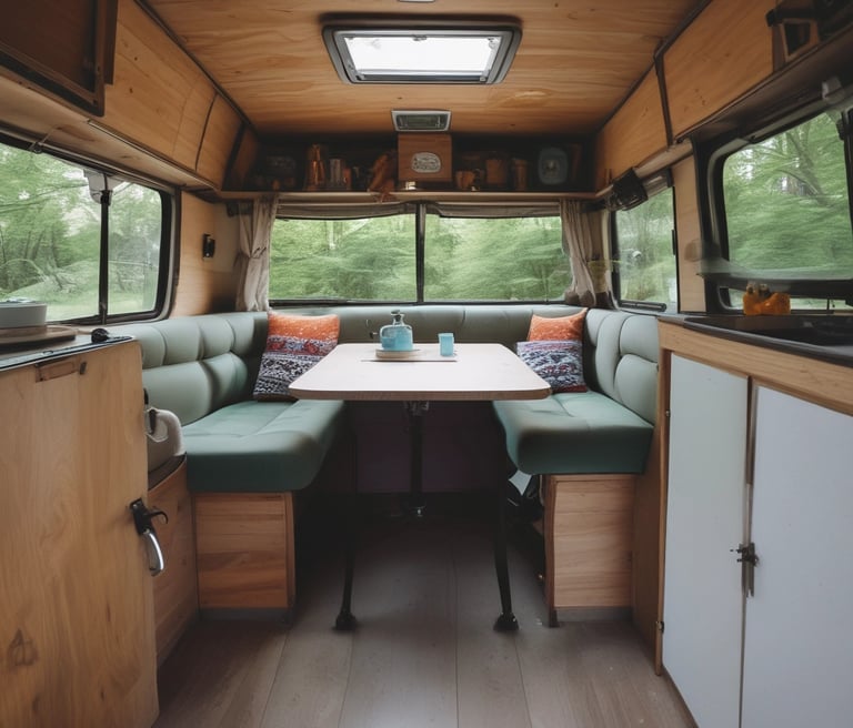A cozy camper van interior showing a custom awning and insulated walls bathed in warm light.