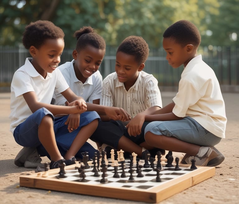 Children and adults engaged in a lively chess tournament in a community center.