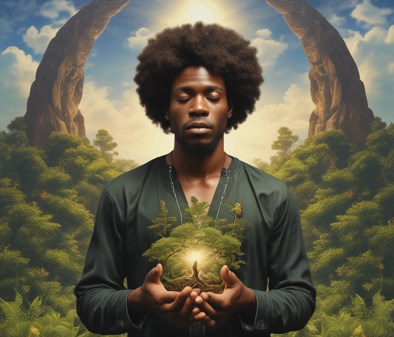 A man is sitting cross-legged in a meditative pose, wearing a yellow shirt with blue writing. He has his eyes closed, and his hands are positioned in a mudra. The background consists of a lush, green wooded area with moss and fallen leaves.