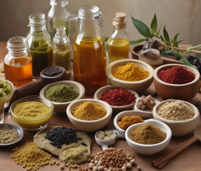 An assortment of traditional herbal ingredients, possibly used in Chinese medicine, arranged on papers with writing. A brass tray holds various plant materials next to a white mortar and pestle. A chopstick-style tool with colorful tassels is also present.