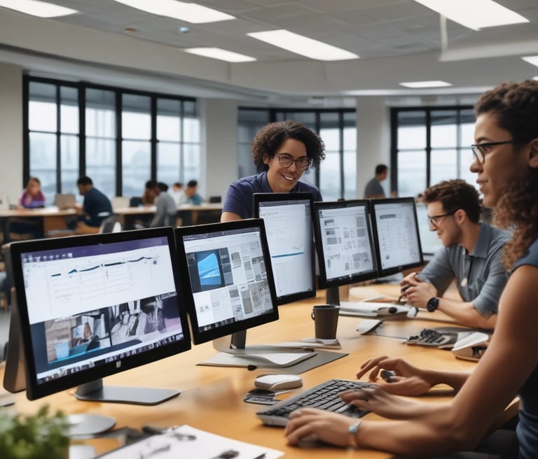 A team of IT professionals collaborating on a project in a modern office setting.