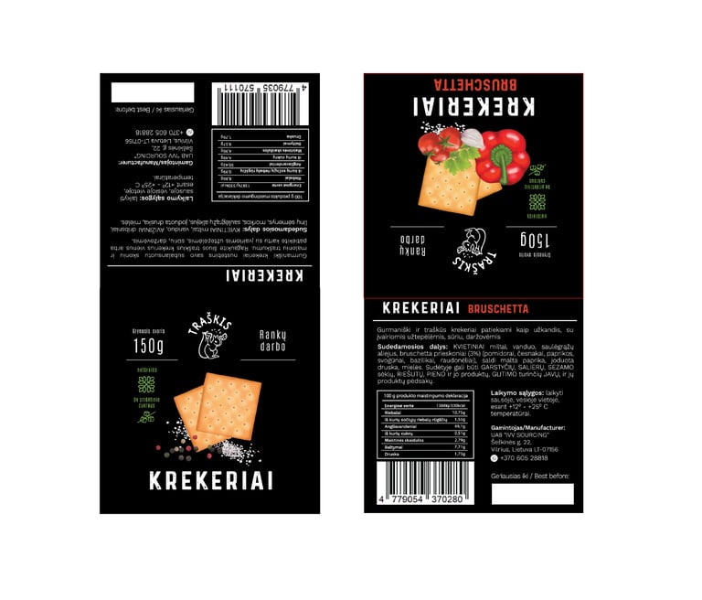 labels for crackers, black background and yellow illustrations