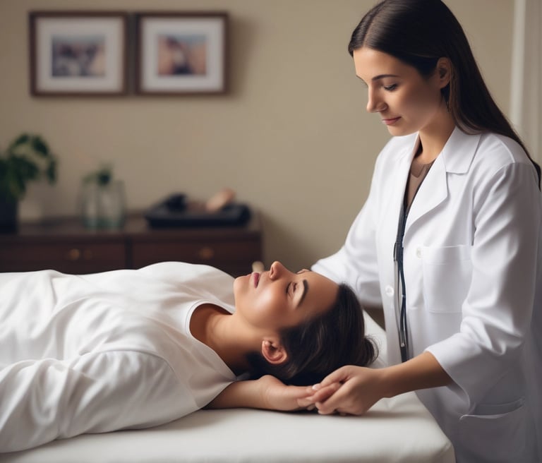 A person with long hair is sitting with their eyes closed and a gentle smile, wearing a light-colored shirt. Their hands are clasped together, resting on their chest, giving a serene and peaceful appearance. In the background, there is a soft-focus lamp, adding to the cozy atmosphere.