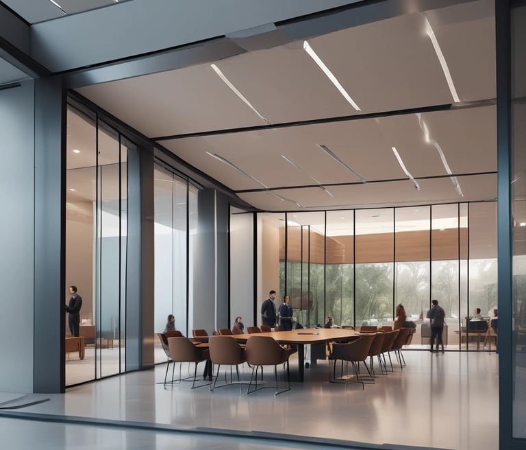 The image depicts an office space with several computer monitors on desks. A red digital display on the wall reads 'Portal Correio'. The room has glass partitions and a modern, streamlined design. Overhead fluorescent lights provide illumination.