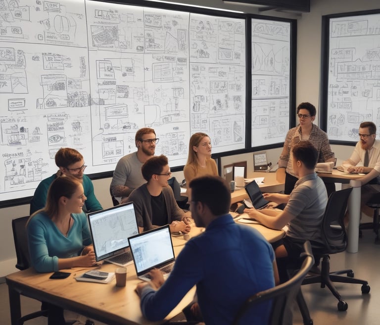 A modern office environment showcasing a collaborative team working on digital marketing strategies.