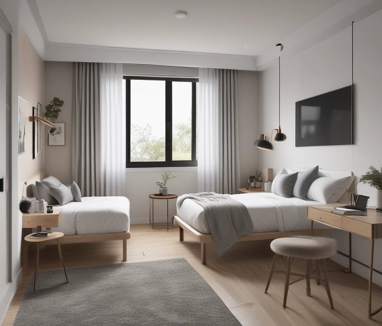 A cozy shared living space with comfortable beds and warm lighting.