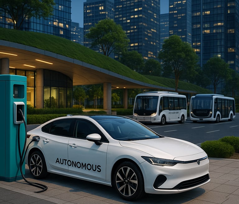 Carro elétrico branco autônomo conectado a estação de recarga moderna em cidade futurista