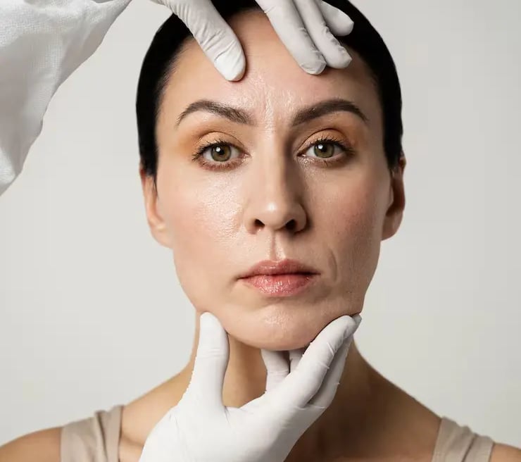 a woman with a white glove on her head and hands in gloves