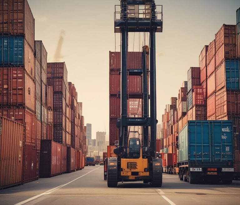 Stacks of bright orange shipping containers with the Hapag-Lloyd logo are arranged against a dark, overcast sky, creating a striking contrast. The containers are aligned neatly, showcasing international trade and logistics.