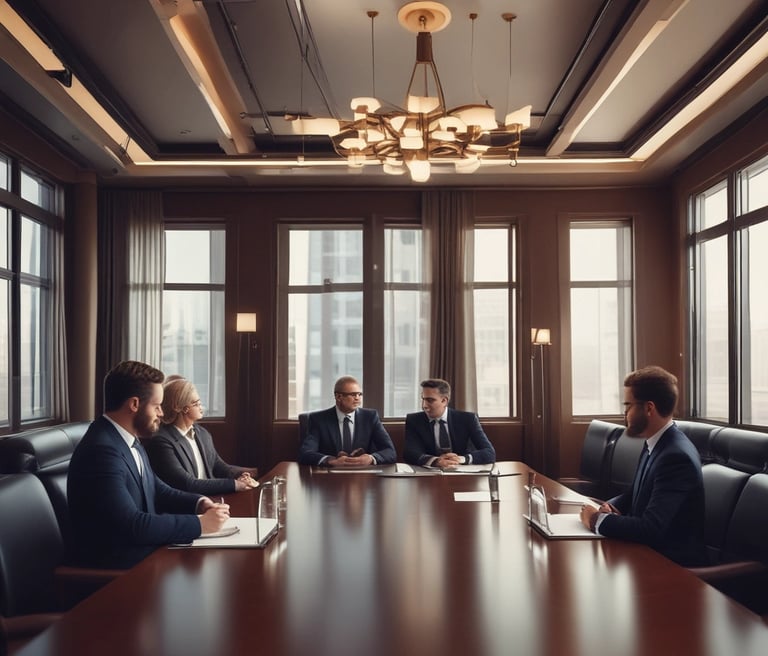 a group of men in suits and ties sitting around a table