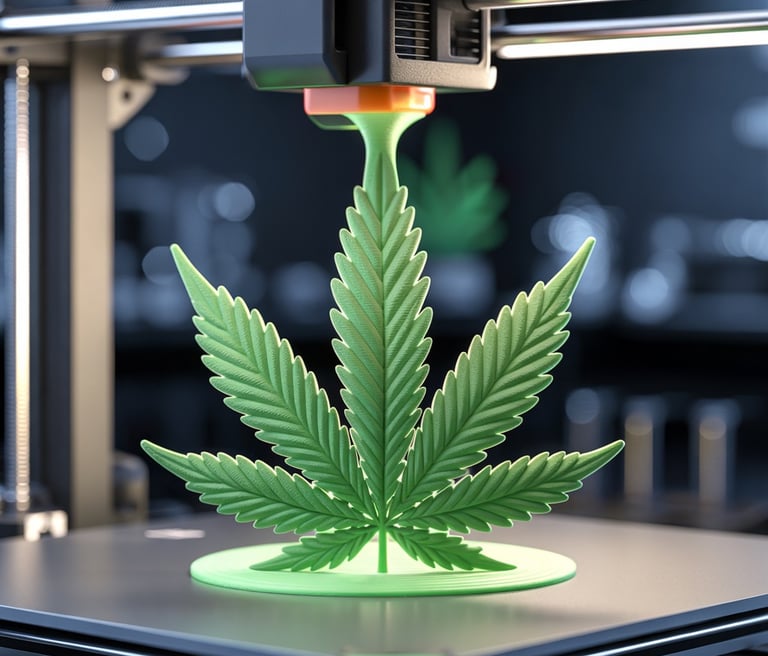 foglia di cannabis sul piano di stampa di una stampante 3d