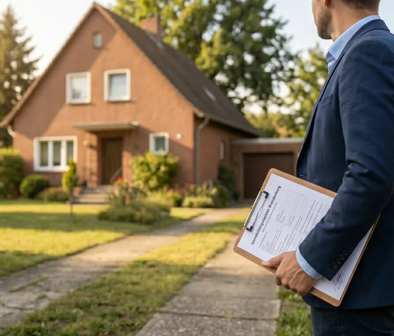 Sachverständiger mit Klemmbrett vor einem Einfamilienhaus bei der Immobilienbewertung
