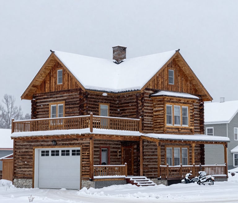 Cozy winter scene outside a charming Michigan farmhouse, snow gently falling.