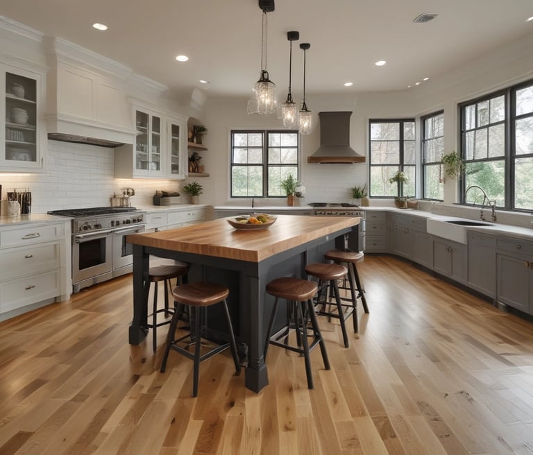 A person wearing gloves is installing wooden flooring. The focus is on the zigzag pattern of the wood pieces being laid down onto a layer of adhesive.
