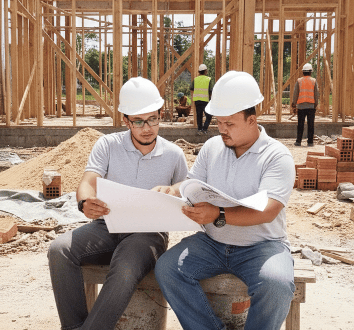 Arsitek dan engineer sedang berdiskusi soal gambar kerja