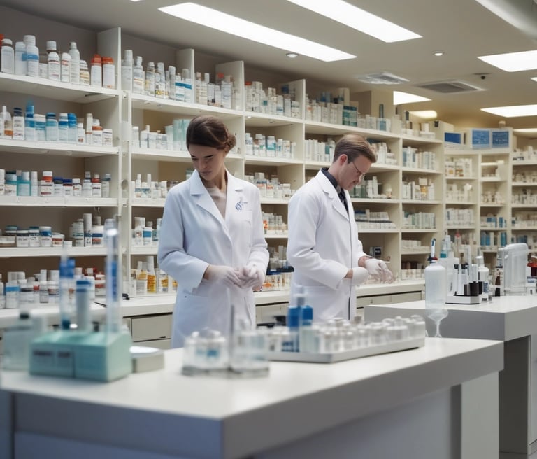 A clean and well-organized pharmacy interior with bright lighting. The central counter is labeled for prescriptions and is surrounded by shelves stocked with various pharmaceutical products. The predominant color scheme involves green and white, reflecting the pharmacy's branding. The aisles are spacious and neatly arranged with products.