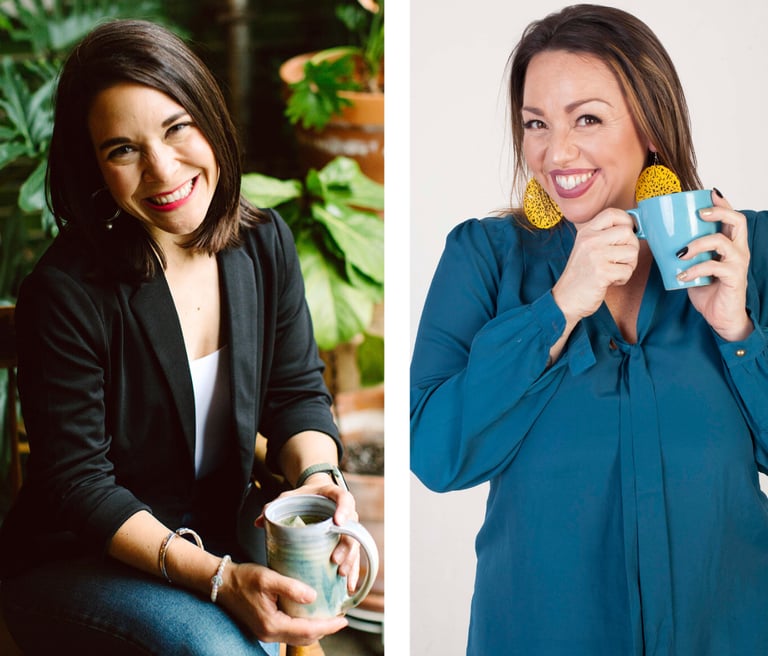 Kristina and Tanya in separate images, drinking tea. 
