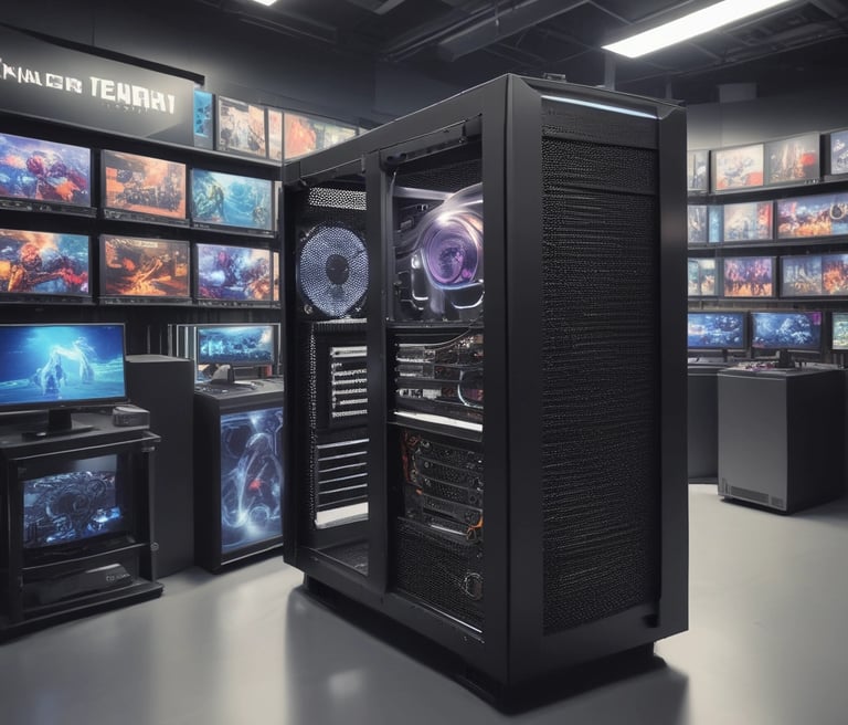 A high-performance gaming computer setup showing the interior components, including a GeForce RTX graphics card, cooling system with three fans, a motherboard, and visible wiring with red and black cables.