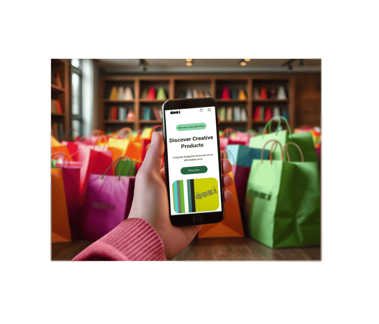 hand holding cell phone in front of shopping bags