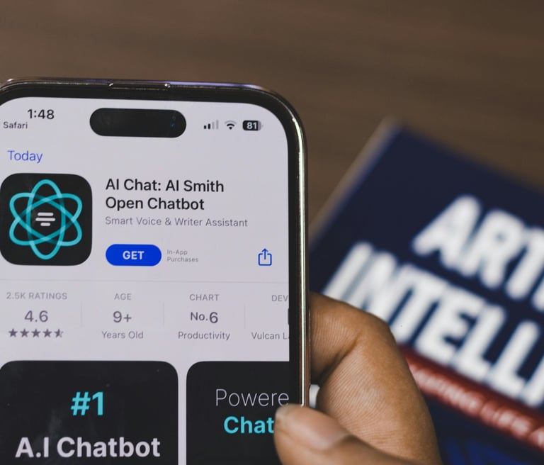 Hand holding an iPhone displaying an AI Chat chatbot app on the Apple App Store next to an artificial intelligence book.