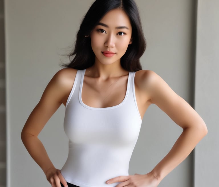 Young woman wearing a comfortable tank top outdoors, smiling and relaxed.