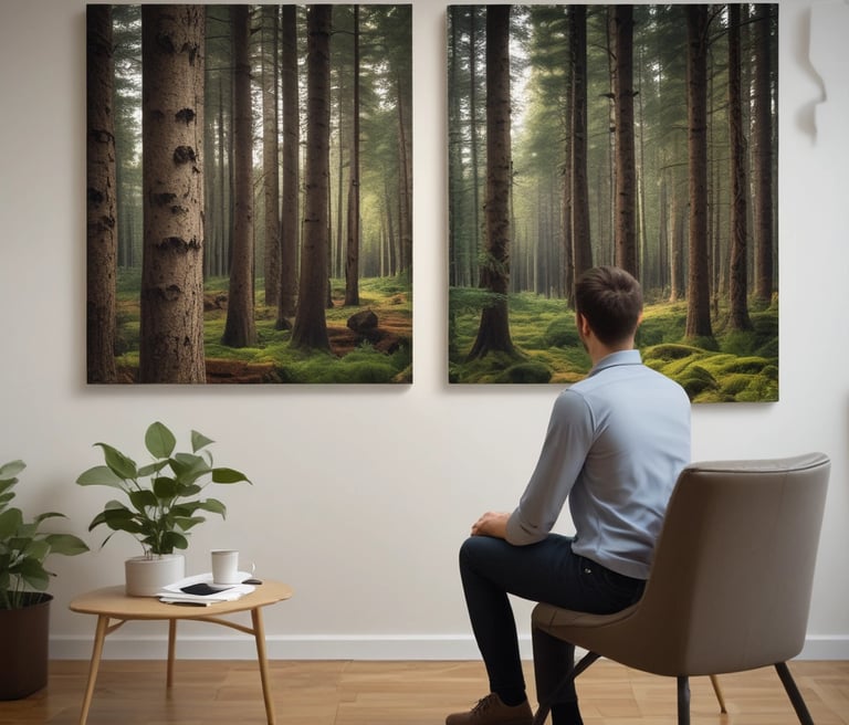 A professional consultation setting with a medical professional sitting at a desk facing a client. The room has a modern aesthetic with white walls decorated with framed certificates. The desk is organized with office supplies, a laptop, and a fruit bowl in the center.