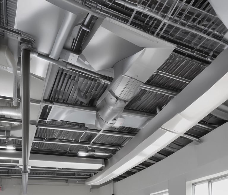 Complex metallic piping system with various hoses and clamps, connected to mechanical components, suggesting an engine or machinery. The arrangement includes multiple curved pipes and wires.