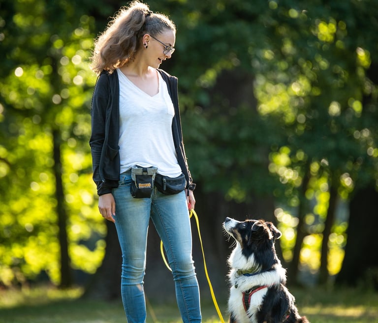Antonia und Hund blicken sich an – achtsamer Spaziergang für Verbindung und Präsenz