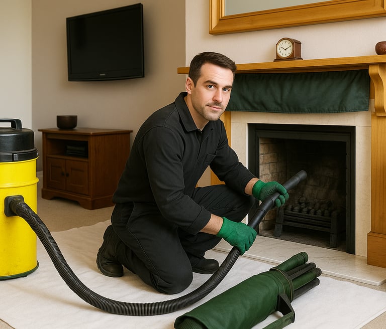 A Chimney Sweep is cleaning a chimney using a vacuum to ensure no dirt is left