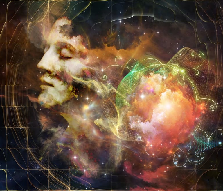 Ethereal face in cosmic dreamscape symbolizing intuitive psychic readings by Amber, Queen of Wands.