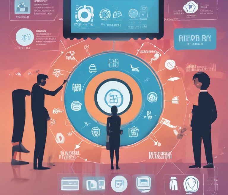 Team of professionals collaborating around a digital workspace with laptops and tablets.