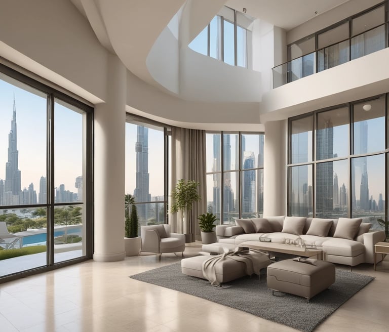 A towering skyscraper illuminated at night with vibrant blue and white lights, featuring the word 'EMAAR' prominently displayed. The building is surrounded by other illuminated modern structures and a palm tree.