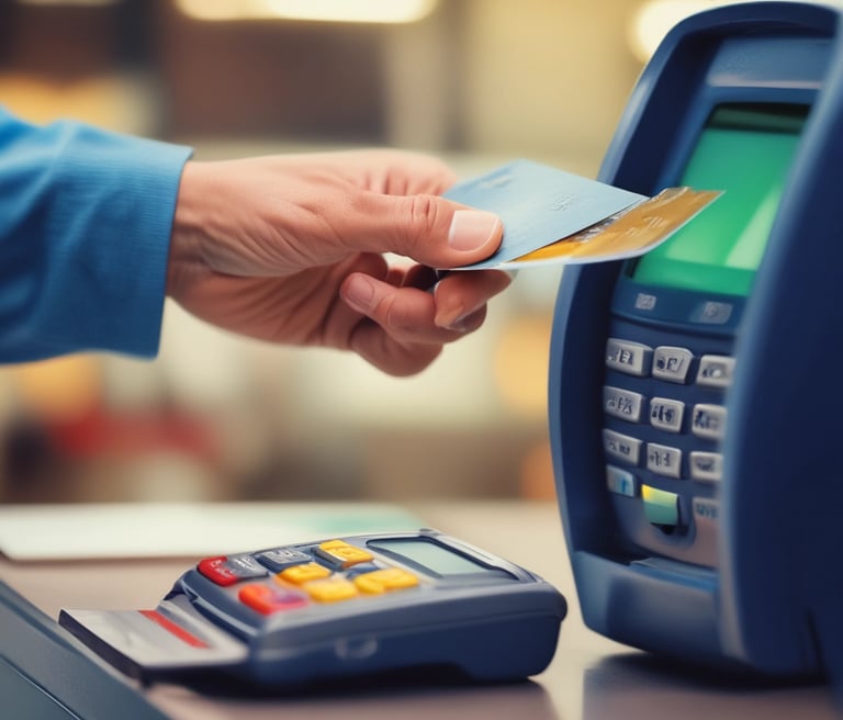 a person holding a credit card next to a smart phone