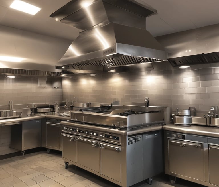 A clean and modern restaurant kitchen with professional cleaning equipment and staff at work.