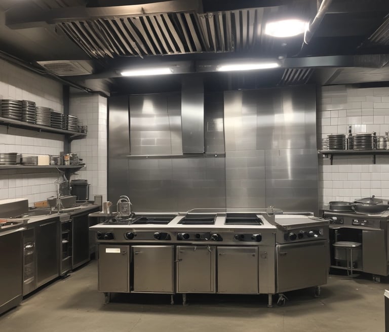 A professional cleaning team sanitizing a restaurant kitchen.
