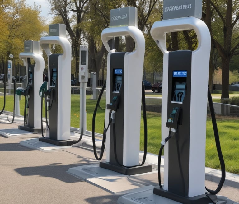 A row of Tesla electric car charging stations stands in a parking lot with clear skies in the background. Each station is white with red accents and the Tesla logo prominently displayed. The landscape around includes green grass and trees, with a building visible in the distance.