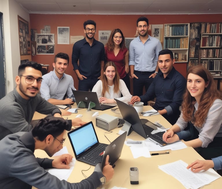 Several people in military uniforms are gathered closely together, possibly in a medical or field training environment. They appear to be engaged in a focused task, with one person writing and others observing or participating. A person’s feet can be seen in the foreground, suggesting medical attention.