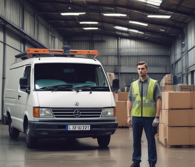 A construction site covered with blue scaffolding is visible. Several signs and banners advertising construction companies and services are attached to the scaffolding. There are details indicating restoration work being done, including contact information and project descriptions.