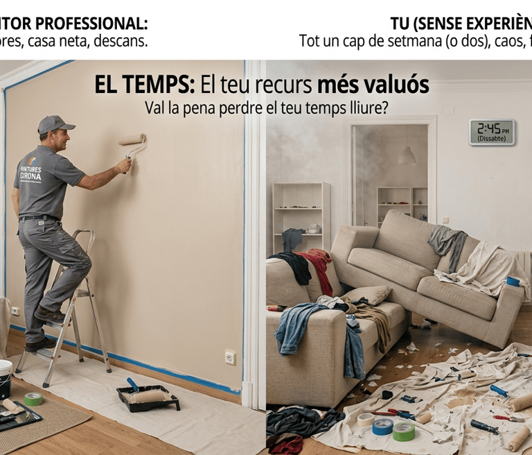 Comparison of a professional painter vs DIY house painting showing a tidy room and a messy room.