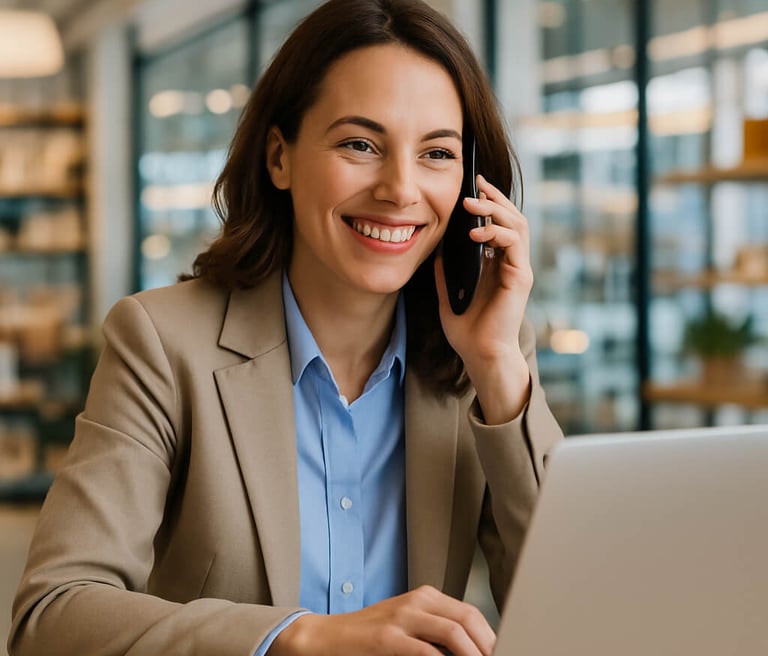 Profissional de marketing sorrindo e trabalhando em notebook, representando a Primevis Marketing