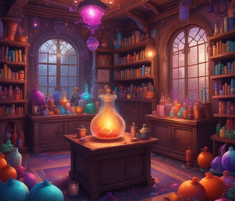 An intricately decorated shop filled with a variety of colorful items, including jewelry, vases, pottery, and decorative plates. The walls are adorned with hanging necklaces and trinkets against a vivid blue backdrop. The shelves are densely packed with decorative artifacts and handicrafts, creating a vibrant and cluttered atmosphere.
