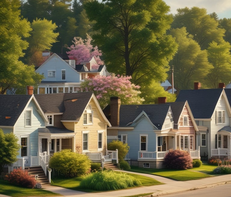 An aerial view of an urban neighborhood featuring tightly packed residential buildings, roadways, and interspersed green areas. The scene captures a variety of architecture styles with flat roofs, and multiple-story structures. Trees line the streets, creating patches of green amid the predominantly beige and gray buildings.