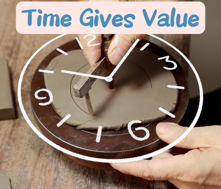 Cartoon clock icon floating above a clay slab